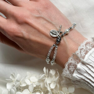 Bracelet Chapelet Grains Cristal + Croix/Médaille Blanc 3x4mm