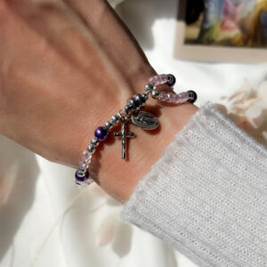 Bracelet Chapelet Grains Cristal + Croix/Médaille Rose 3x4mm