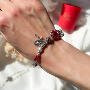 Bracelet Chapelet Grains Cristal + Croix/Médaille Rouge 3x4mm