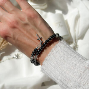Bracelet Chapelet Grains Hématite + Croix/Médaille