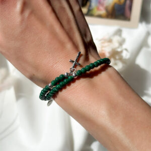 Bracelet Chapelet Grains Verre Vert + Croix /Médaille