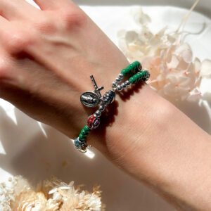 Bracelet Chapelet Grains Verre Vert + Perles + Croix/Médaille