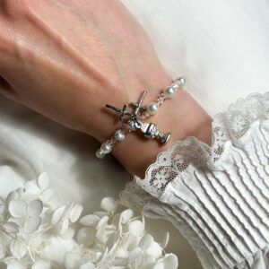 Bracelet Grains Verre Imitation Perle + Cristal + Croix/Calice Blanc