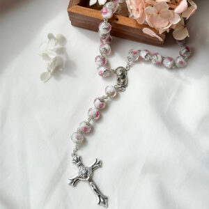 Chapelet Grains Verre 10mm Blanc et Rose